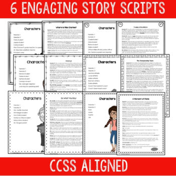 Character lists and opening pages from the 6 reader's theater scripts in the emergency ELA sub plans bundle