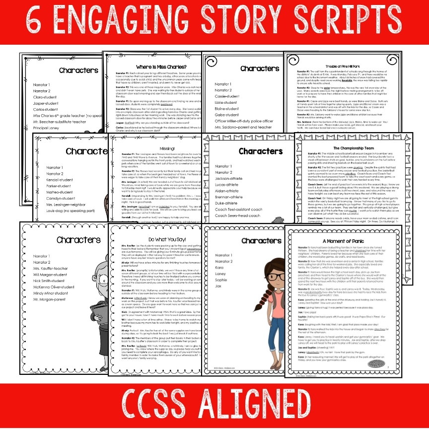 Character lists and opening pages from the 6 reader's theater scripts in the emergency ELA sub plans bundle