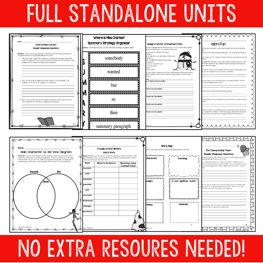 Sample sub plan worksheets: reader response questions, summary organizer, context clue word work, story map, and Venn diagram