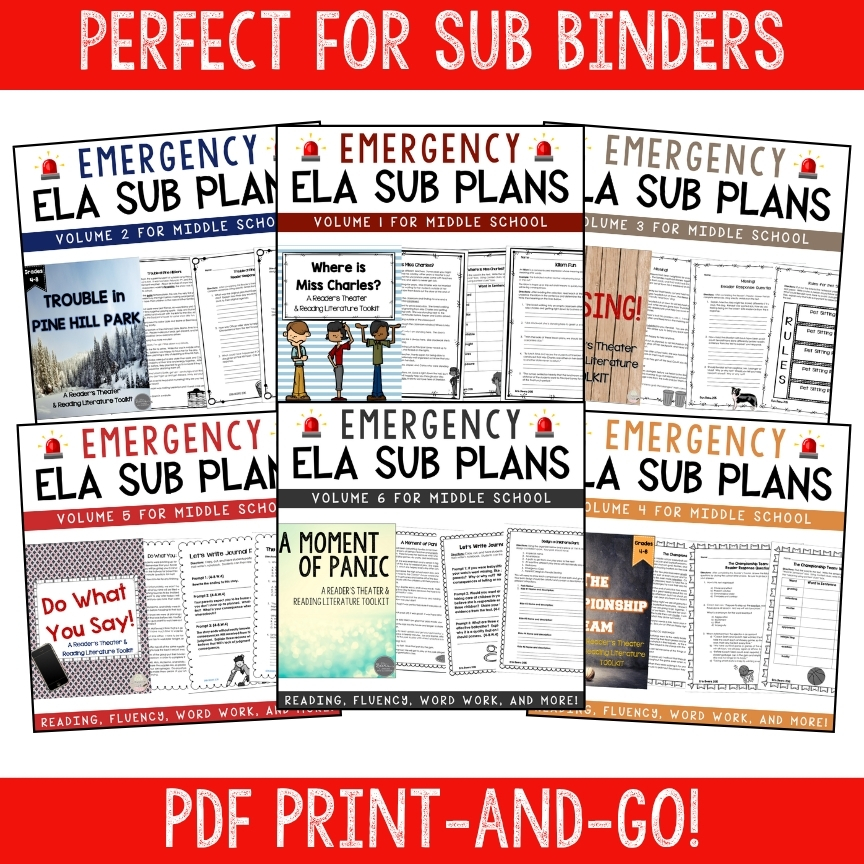 Covers of all 6 Emergency ELA Sub Plans volumes for middle school, print-and-go PDF