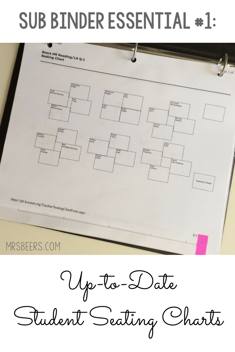 Classroom seating chart for emergency sub plans binder