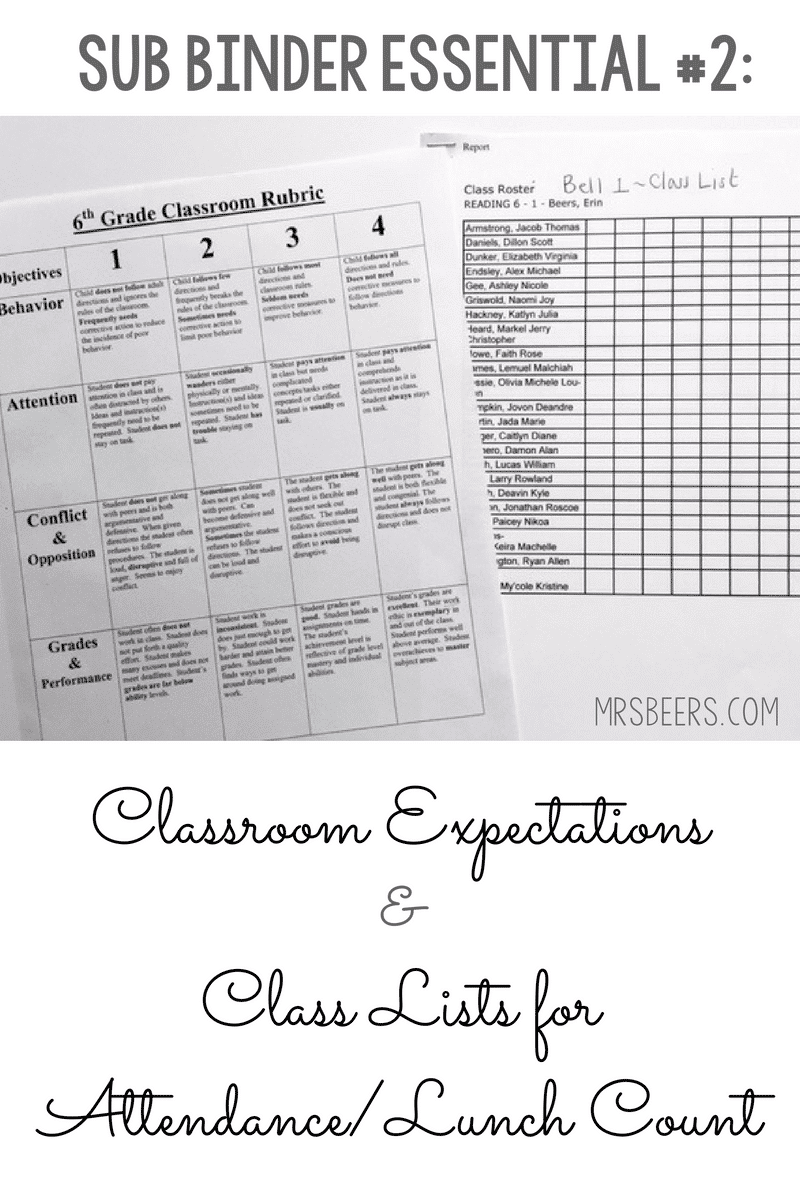 class roster list and rubric for emergency sub plans binder