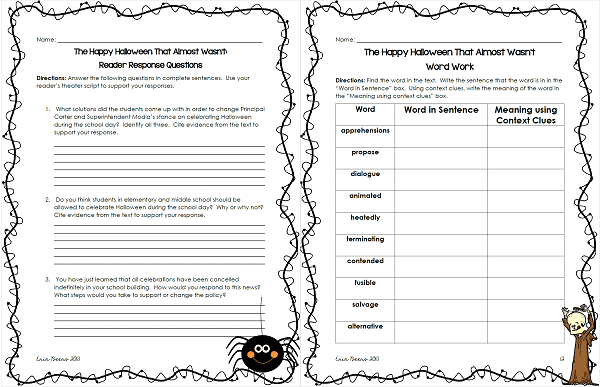 Halloween reading passage questions and word work