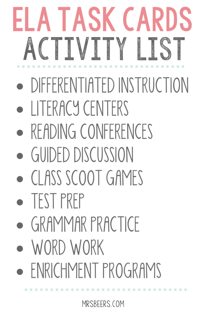 Task cards activity list for middle school language arts