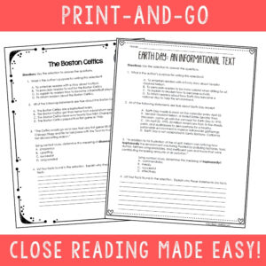 Close reading passage samples with multiple-choice comprehension questions on the Boston Celtics and Earth Day, print-and-go format