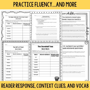 Sample context clue word work and reader response question pages from Halloween, Snowball Toss, and Cafeteria Catastrophe scripts