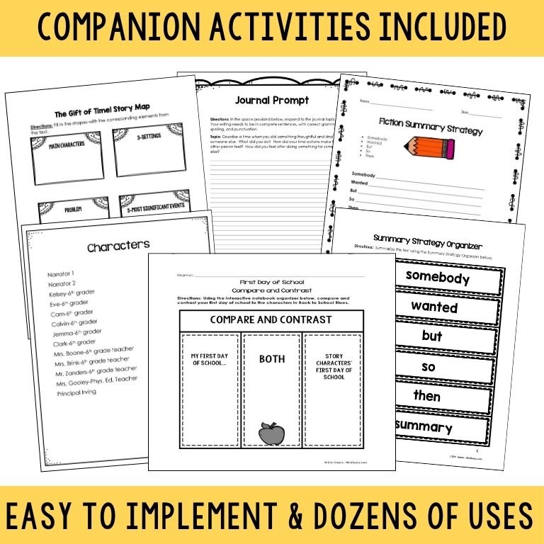 Reader's theater companion activities including a story map, journal prompt, summary strategy organizer, and compare and contrast page