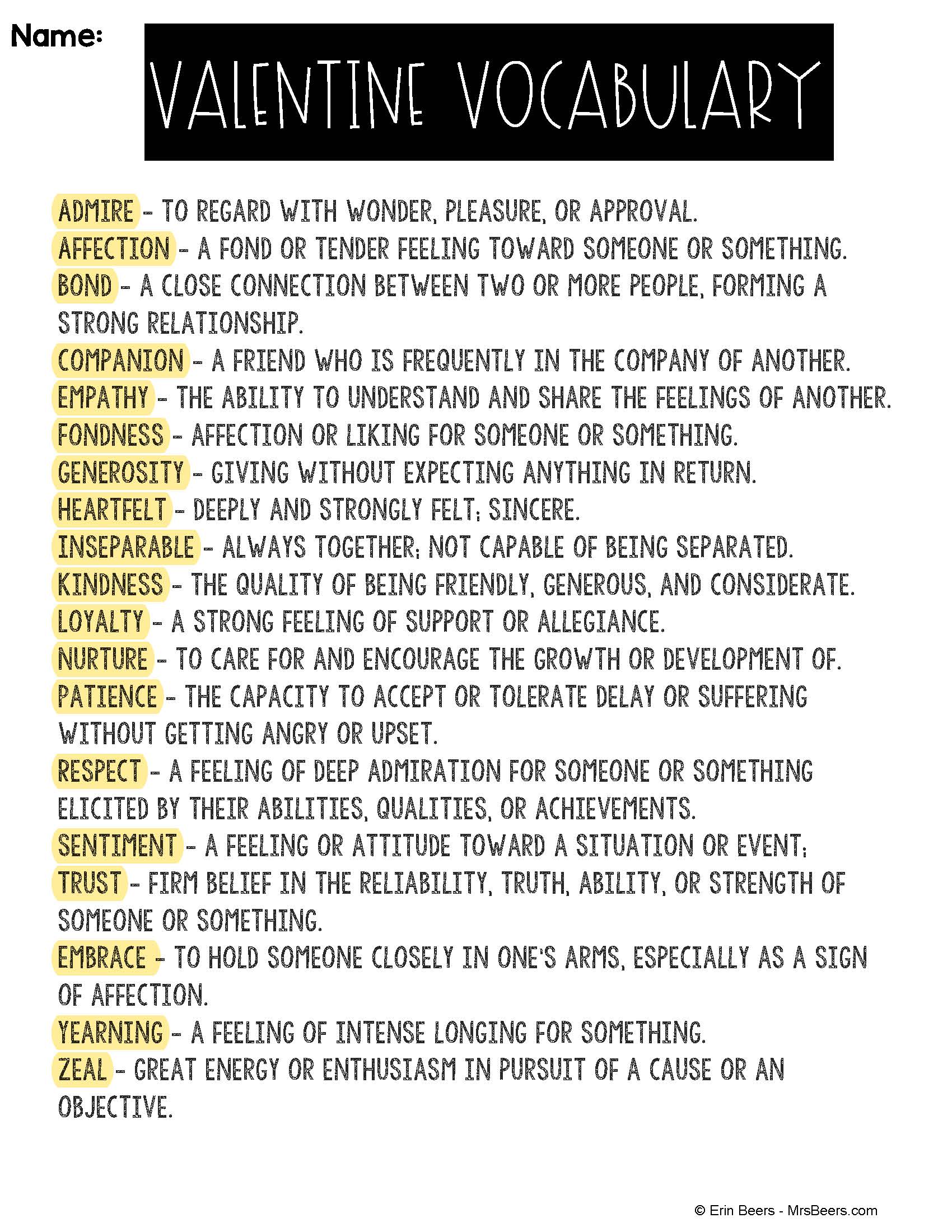 valentine's day vocabulary list for middle grades