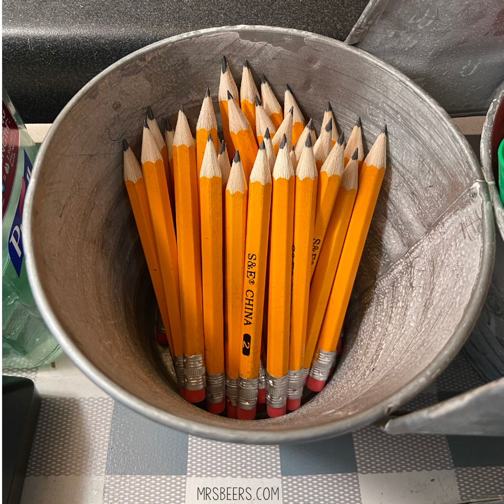 Bin of sharpened pencils ready to go to classroom distractions