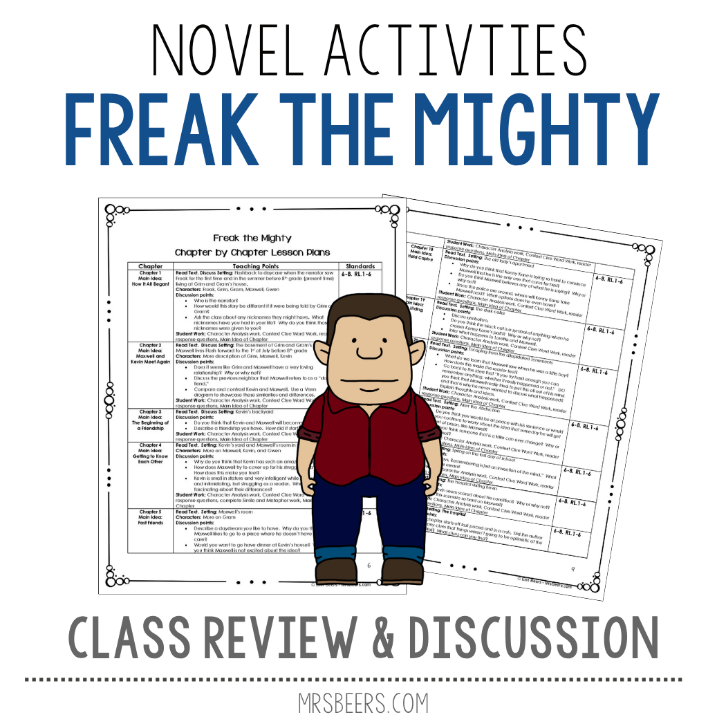 Daily lesson plan structure for teaching Freak the Mighty with discussion topics and comprehension questions
