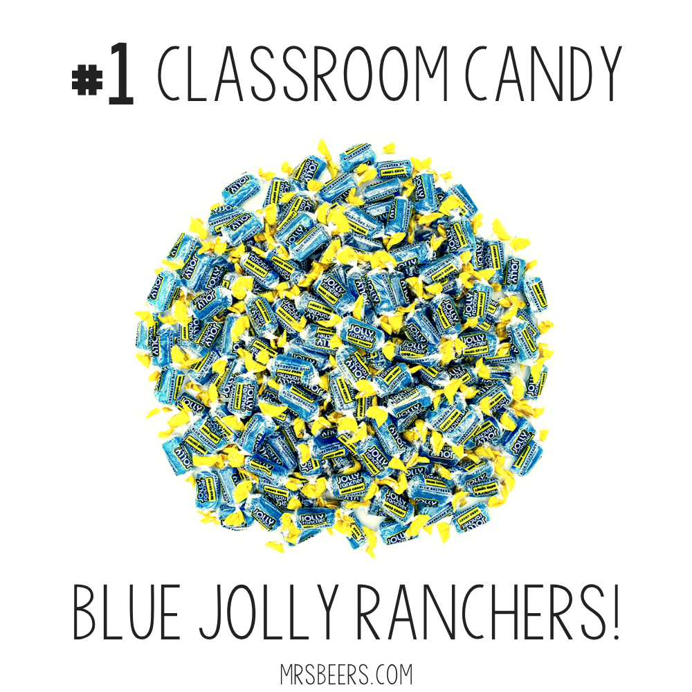 Blue Jolly Rancher hard candies individually wrapped for classroom candy rewards