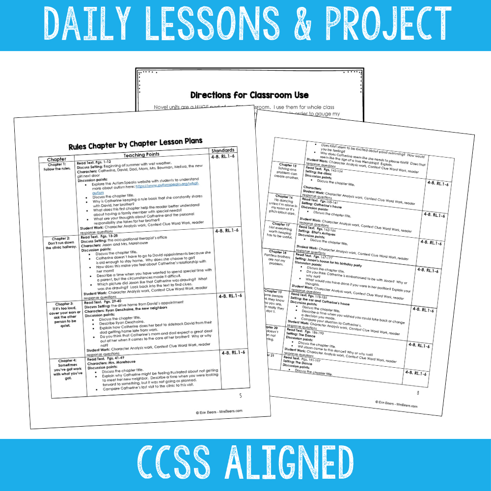 Rules by Cynthia Lord novel study activities and lesson plans