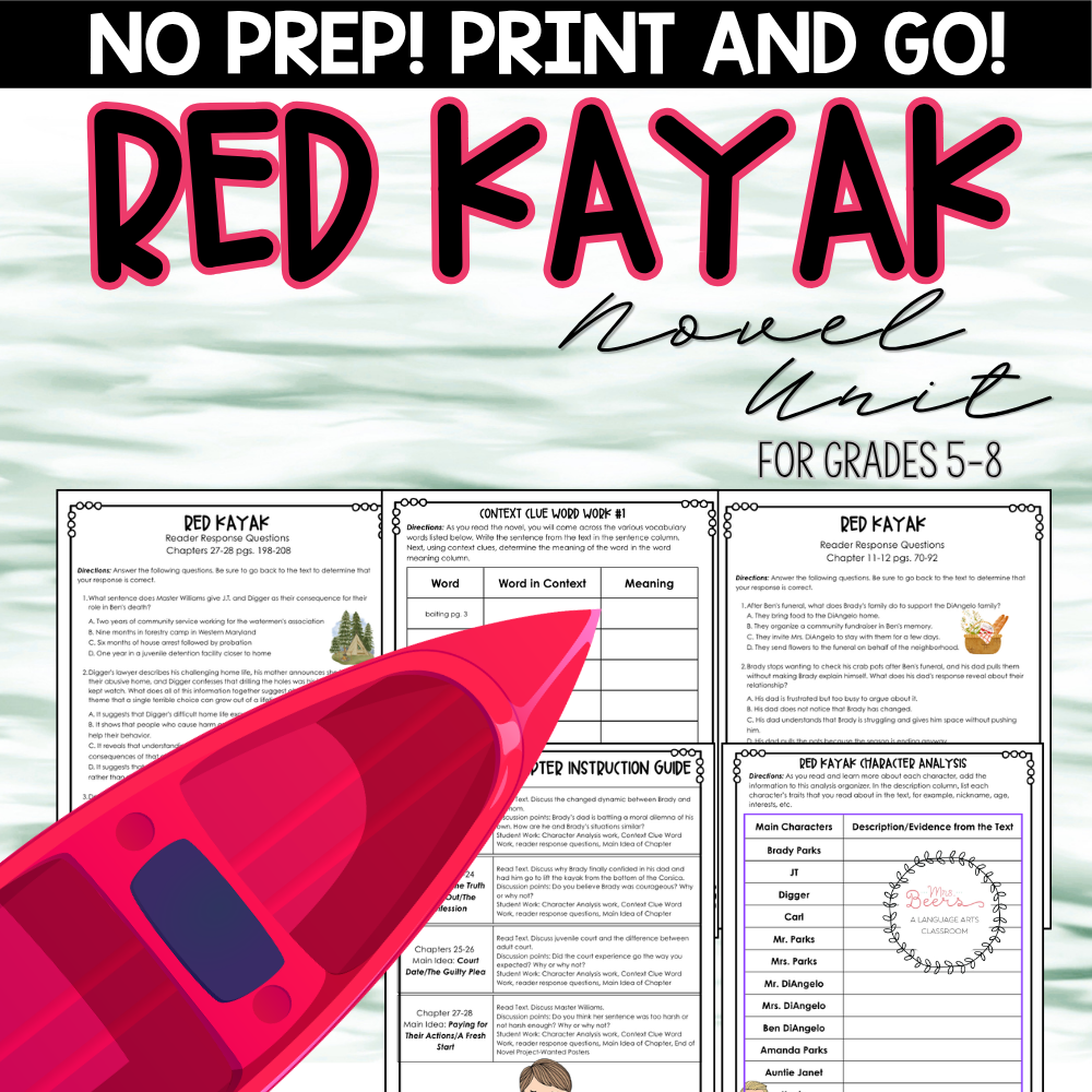 Red Kayak novel study unit for middle school ELA grades 5-8