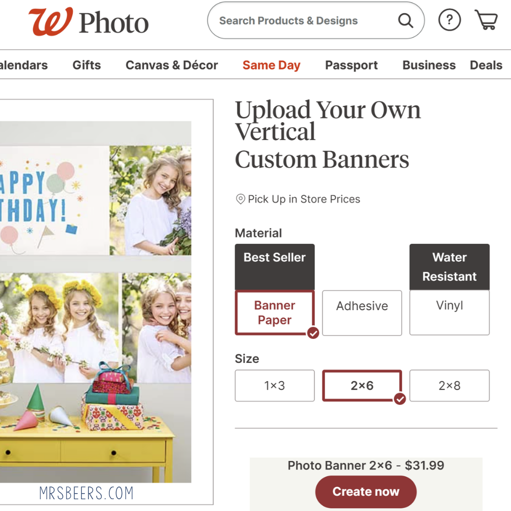 Walgreens Photo banner ordering screen for classroom banners