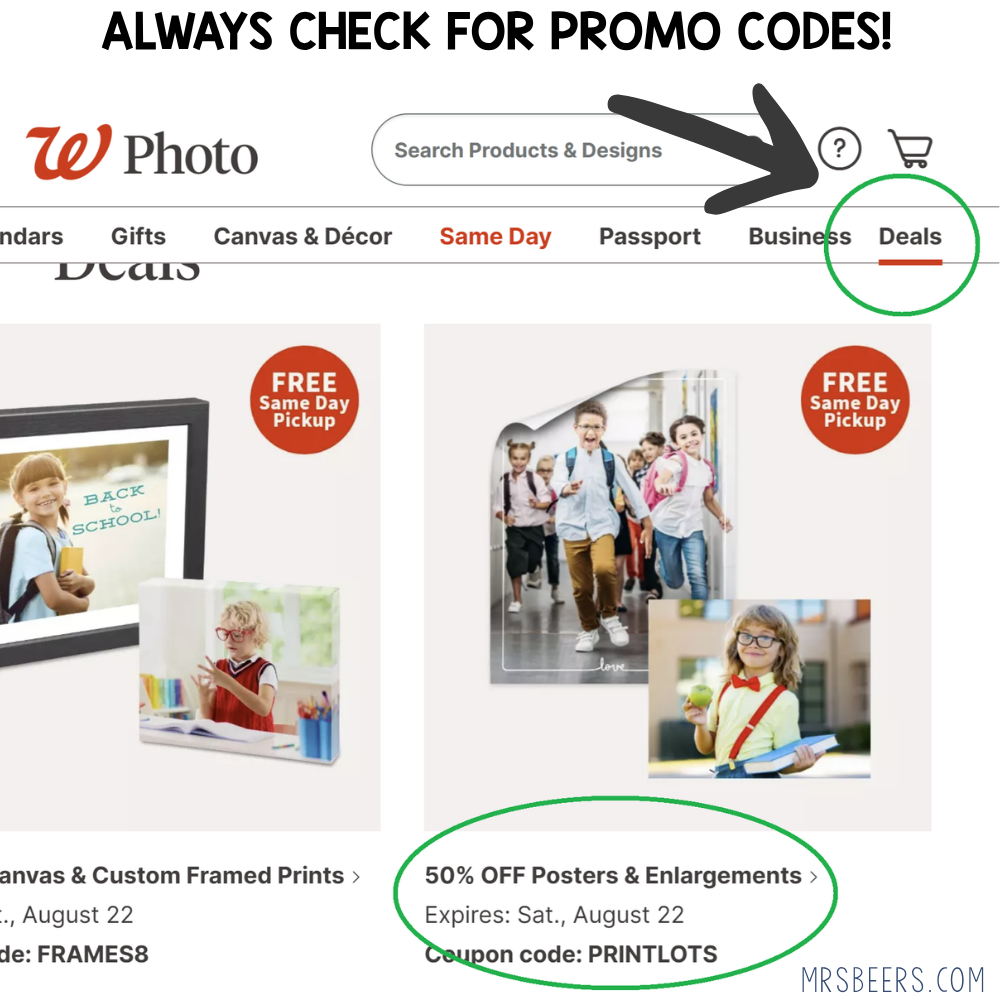 Walgreens Photo deals tab with banner coupon codes