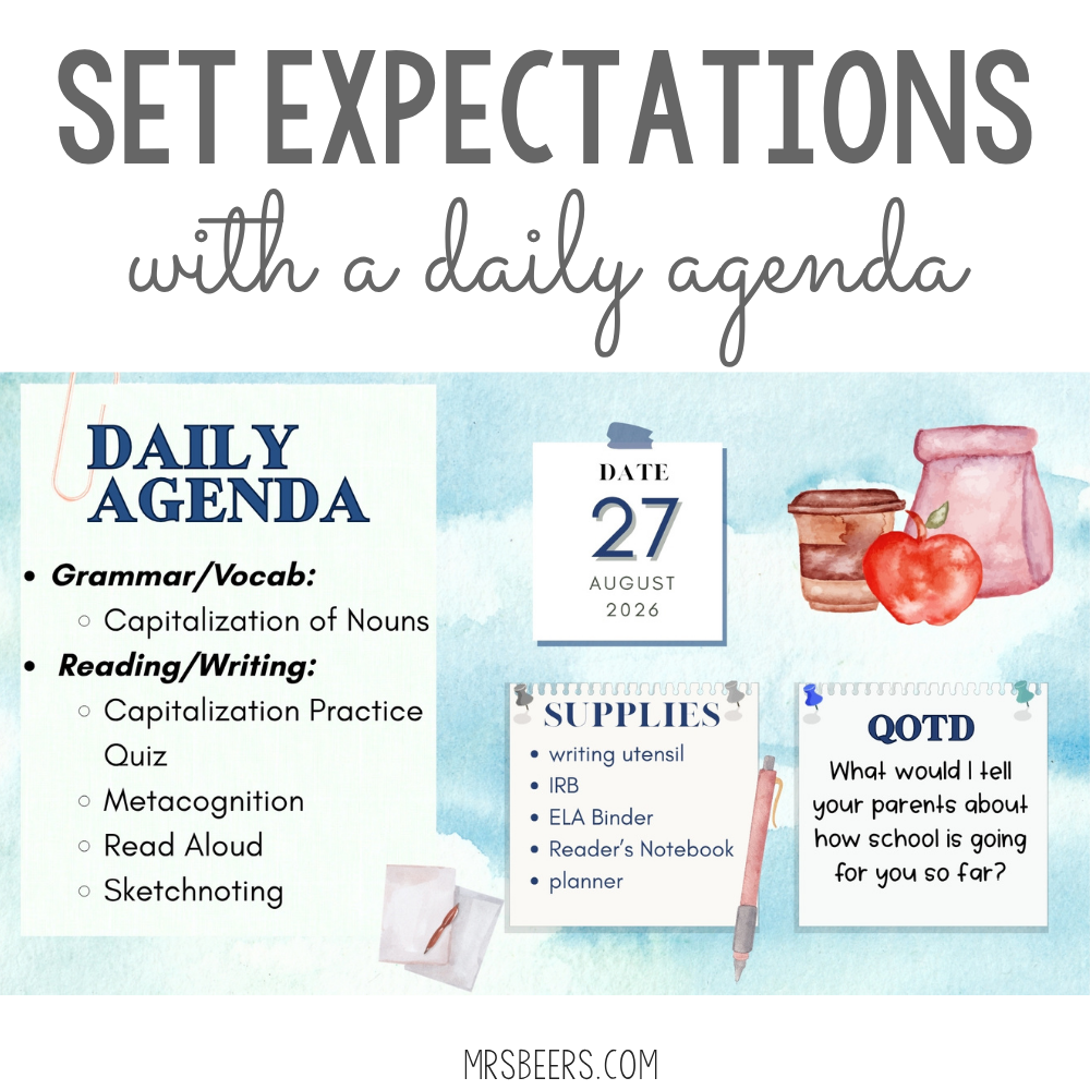 daily agenda slide with date, objectives, supplies, and question of the day for a middle school ELA classroom