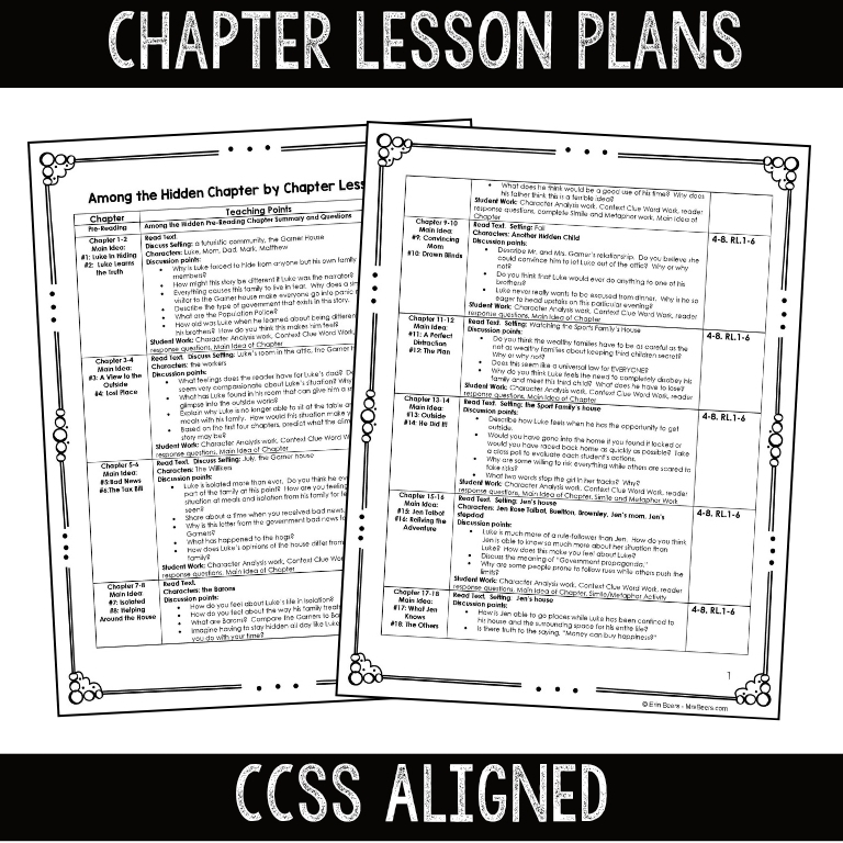 Chapter-by-chapter lesson plan sample from the Among the Hidden novel study unit