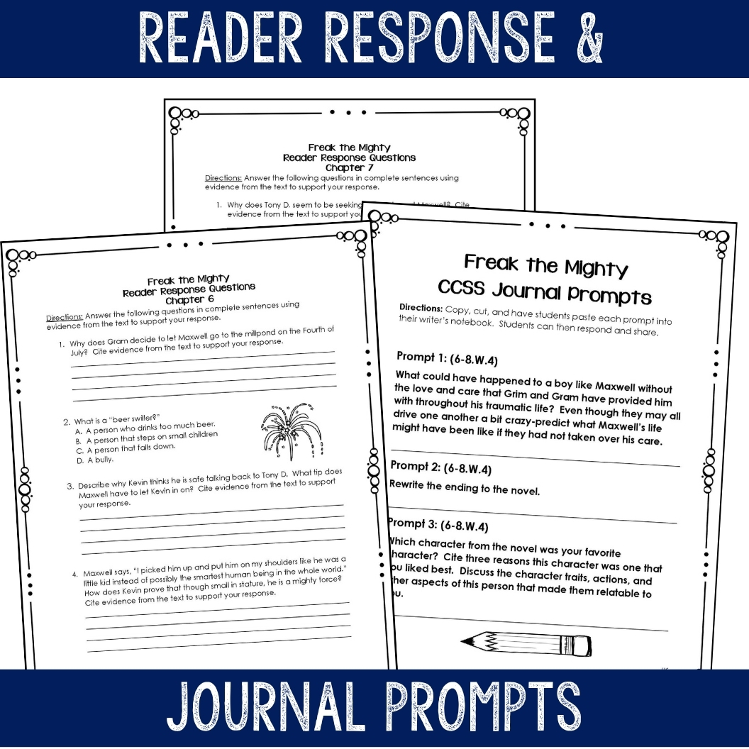 Reader response questions and journal prompts for the Freak the Mighty novel study unit