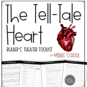 The Tell-Tale Heart reader's theater toolkit for middle school grades 6-8, showing the script, word work, and question pages