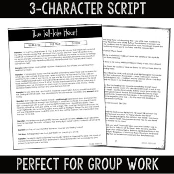 Three-character Tell-Tale Heart reader's theater script with Narrator, Old Man, and Officer roles for small group reading